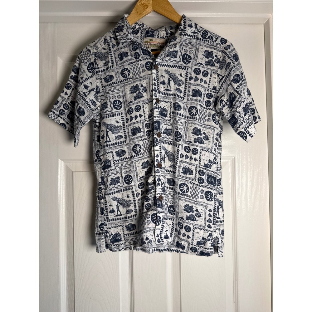 Patagonia Button Down Shirt Womens S White Blue Hemp Blend Nautical Block Print